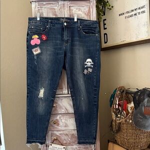 Love Indigo Blue Boyfriend Jeans with Skull and Cherry Patches